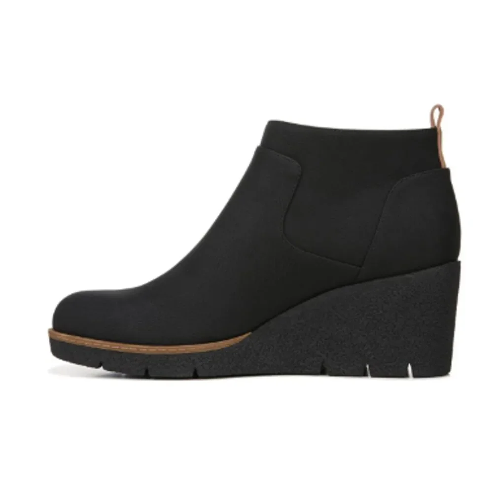 New In Box Dr Scholls Womens 8.5 Black Faux Leather Bianca Wedge Bootie Shoes